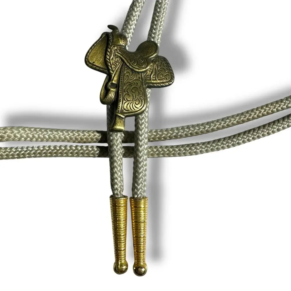 Vtg Bolo Tie Horse Saddle Metal Ends Nylon Cord Necklace Western Rodeo Cowboy